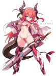  1girl black_legwear blue_eyes breasts elizabeth_bathory_(brave)_(fate) elizabeth_bathory_(fate)_(all) fate/grand_order fate_(series) full_body gauntlets highres holding holding_sword holding_weapon horns karukan_(monjya) long_hair navel pointy_ears red_hair simple_background small_breasts smile solo standing sword tail thighhighs weapon white_background 