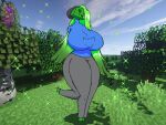  4:3 4_legs big_breasts blue_clothing blue_hoodie blue_topwear bottomwear breasts clothing creeper female green_hair grey_bottomwear grey_clothing grey_pants hair hat headgear headwear hoodie huge_breasts humanoid minecraft no_shoes not_furry omegaterasu_(artist) pants plant solo topwear tree video_games 