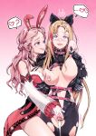  2girls ahegao animal_ears arms_behind_back ass_visible_through_thighs bad_id bad_pixiv_id bdsm belt black_legwear blonde_hair blue_eyes blush bondage bondage_outfit bound braid breast_grab breasts dress fake_animal_ears grabbing hairband heart heart-shaped_pupils highres jewelry looking_at_another multiple_girls necklace nipple_piercing nipples open_clothes open_mouth original piercing pig_ears pink_background pink_hair playboy_bunny rabbit_ears saliva simple_background smile symbol-shaped_pupils thighhighs torn_clothes torn_legwear yepbee1 yuri 
