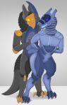 absurd_res anthro anthro_on_anthro anthro_penetrated anthro_penetrating duo duo_focus glowing glowing_eyes glowing_mouth group hi_res male male/male penetration sex simple_background standing standing_sex stri synth_(vader-san) tail_grab 