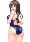  1girl absurdres ashigara_(kancolle) ass blue_swimsuit breasts brown_eyes brown_hair casual_one-piece_swimsuit cowboy_shot eyebrows_visible_through_hair hair_between_eyes highres kantai_collection long_hair looking_at_viewer looking_back medium_breasts one-piece_swimsuit open_mouth ruin_re_birth simple_background solo swimsuit wavy_hair white_background 