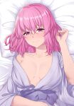  1girl bathrobe bed_sheet blush breasts closed_mouth fingernails from_above hair_between_eyes hand_up highres ibuki_notsu looking_at_viewer lying medium_breasts medium_hair no_bra off_shoulder on_back on_bed pillow pink_eyes pink_hair saigyouji_yuyuko sash smile solo touhou 