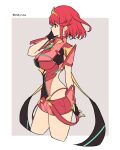  bangs black_gloves breasts chest_jewel earrings fingerless_gloves gloves highres jewelry large_breasts mochimochi_(xseynao) pyra_(xenoblade) red_eyes red_hair red_legwear red_shorts short_hair short_shorts shorts swept_bangs thighhighs tiara xenoblade_chronicles_(series) xenoblade_chronicles_2 