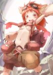  1girl animal_ears arm_up armpits backpack bag bangs barefoot blurry blurry_background blush blush_stickers body_fur breasts claws commentary_request english_commentary eyebrows_visible_through_hair eyewear_on_head furry goggles green_pants happy highres jumping kyabe_tsuka leg_up long_hair looking_at_viewer made_in_abyss mitty_(made_in_abyss) mitty_(made_in_abyss)_(furry) mixed-language_commentary navel no_nipples nose_blush open_mouth orange_eyes pants partial_commentary pawpads paws pouch puffy_pants red_fur red_hair sidelocks small_breasts smile solo stomach teeth topless two-tone_fur yellow_fur 