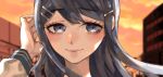  1girl bangs blue_eyes blue_hair blurry blurry_background building danganronpa:_trigger_happy_havoc danganronpa_(series) depth_of_field eyebrows_visible_through_hair face hair_ornament hairclip hand_in_hair hand_up long_hair looking_at_viewer maizono_sayaka outdoors sara_(kurome1127) smile solo sunset 