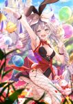  1girl :d absurdres alternate_costume animal_ears arm_up armpits bird black_footwear black_leotard blue_eyes bow bowtie bunny_ears castle chick cowboy_shot curly_hair detached_collar easter easter_egg egg fate/grand_order fate_(series) fishnet_legwear fishnets grey_hair hair_bow happy high_heels highres huge_filesize leotard long_hair looking_at_viewer marie_antoinette_(fate) open_mouth playboy_bunny red_bow red_vest smile solo totomiya twintails vest white_bow 