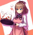  1girl :3 apron bangs black_bow bow bowtie brooch brown_hair chopsticks collared_shirt cooking cowboy_shot dress_shirt eyebrows_visible_through_hair frying_pan green_eyes hair_ornament hair_ribbon hairclip heart holding holding_chopsticks holding_frying_pan jewelry long_sleeves muzi_folder nijisanji pink_apron ponytail ribbon shirt solo suzuhara_lulu virtual_youtuber white_shirt x_hair_ornament 