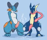  absurd_res amphibian animal_genitalia animal_penis anthro blue_background blue_body bodily_fluids cetacean_penis cum cum_drip cum_on_ground cum_on_penis cum_pool cum_string dripping duo genital_fluids genitals greninja hi_res looking_at_genitalia looking_at_penis male male/male marine masturbation mutual_masturbation nintendo one_eye_closed penile penile_masturbation penis pok&eacute;mon pok&eacute;mon_(species) simple_background slit spread_legs spreading swampert tapering_penis tinysmallman video_games 