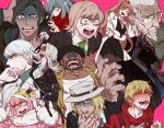  4girls 6+boys afro andou_ruruka bandai_daisaku beard black_hair blonde_hair blue_hair blush blush_stickers boater_hat braces commentary_request constricted_pupils covering_mouth cow_mask danganronpa_(series) danganronpa_3_(anime) dark_skin dark_skinned_male drooling facial_hair flipped_hair food formal fur-trimmed_jacket fur_trim gekkougahara_miaya glasses great_gozu green_eyes grey_hair hat izayoi_sounosuke jacket kimura_seiko kizakura_kouichi labcoat long_hair macaron mask mask_removed mitarai_ryouta mouth_mask multiple_boys multiple_girls munakata_kyousuke muscular orange_hair pantyhose pink_background pink_hair ponytail red_eyes sakakura_juuzou saliva sara_(kurome1127) scarf scarf_over_mouth scrunchie shaded_face short_hair shouting silver_hair simple_background smile suit surgical_mask sweat syringe tears tengan_kazuo tongue tongue_out turn_pale veins wrestling_mask yukizome_chisa 