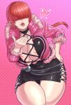  1girl absurdres areola_slip areolae black_choker black_panties breasts choker cleavage commentary_request curvy fur_trim hair_over_eyes heart highres jacket large_breasts minami_aomori panties parted_lips red_hair shermie_(kof) short_hair skirt solo the_king_of_fighters the_king_of_fighters_xv thick_thighs thighs underwear wide_hips 