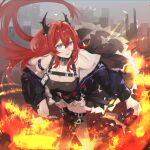  arknights bare_shoulders demon_girl demon_horns dress fire highres holding holding_weapon horns kneehighs looking_at_viewer purple_eyes red_hair surtr_(arknights) weapon yukinohito_(koutyanomitai) 