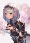  1girl armor belt black_headband blush braid breasts brown_belt cleavage closed_mouth green_eyes headband highres hololive large_breasts leaning_forward looking_at_viewer shirogane_noel short_hair silver_hair smile solo sooon upper_body 