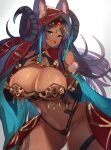  1girl :d animal_ears blue_eyes breasts bridal_gauntlets cleavage commentary_request curled_horns dark_skin dark_skinned_female eyebrows_visible_through_hair fang fate/grand_order fate_(series) gradient gradient_background grey_background head_chain highres horns huge_breasts jackal_ears jewelry long_hair looking_at_viewer makuwori navel open_mouth purple_hair queen_of_sheba_(fate) smile solo thighs 