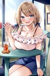  1girl bare_shoulders blonde_hair blue_eyes blue_skirt blush breasts building chair cleavage collarbone frills hand_up indoors large_breasts long_hair open_mouth original pencil_skirt restaurant sakura_hiyori shirt sitting skirt sky smile solo spaghetti_strap table twintails watch waving white_shirt window 