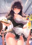  2girls 2others ahoge apron bangs black_dress black_hair blurry blurry_foreground blush breasts buttons cleavage collarbone commentary_request double-breasted dress eyebrows_visible_through_hair food frilled_dress frills fruit hair_between_eyes highres holding holding_phone holding_tray indoors kawai large_breasts long_hair looking_at_viewer looking_down maid maid_headdress multiple_girls multiple_others no_panties original phone puffy_short_sleeves puffy_sleeves purple_eyes short_sleeves solo_focus taking_picture thighs tray waist_apron wavy_hair white_apron 