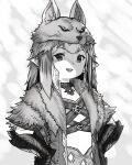  1girl :d choker final_fantasy final_fantasy_xiv gauntlets greyscale hands_on_hips highres houtengeki lalafell long_hair looking_at_viewer monochrome open_mouth pelt pointy_ears round_teeth smile solo teeth upper_body upper_teeth 