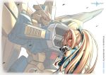  1girl absurdres blonde_hair blue_bow bow character_name clothing_cutout crossover dark_skin dark_skinned_female elf gundam gundam_build_divers gundam_build_divers_re:rise gundam_mk_v gundam_sentinel hair_behind_ear hair_bow highres hololive kintsuba_(shiranui_flare) logo_parody long_hair looking_ahead mecha mobile_suit orange_eyes parody pinguinkotak pointy_ears science_fiction shiranui_flare shoulder_cutout title_parody upper_body v-fin virtual_youtuber 