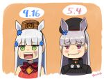  2girls 416_day animal_ears bangs beret black_headwear blunt_bangs blush_stickers bow cosplay costume_switch crossover eyebrows_visible_through_hair facial_mark girls_frontline gold_ship_(umamusume) green_eyes grin hair_ornament hat highres hk416_(girls_frontline) horse_ears horse_girl kion-kun long_hair multiple_girls open_mouth orange_background purple_eyes silver_hair smile surprised sweatdrop symbol_commentary umamusume 