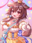  1girl absurdres alternate_costume animal_ears blush bone_hair_ornament braid breasts brown_eyes brown_hair choker cleavage crown deaver dog_ears dog_tail fangs gloves hair_ornament highres holding holding_microphone hololive inugami_korone looking_at_viewer microphone open_mouth solo tail twin_braids virtual_youtuber white_choker white_gloves 
