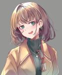  1girl bang_dream! black_sweater brown_jacket earrings eyebrows_visible_through_hair eyewear_removed glasses green_eyes grey_background head_tilt highres jacket jewelry light_blush looking_at_viewer medium_hair necklace open_mouth pastel_palettes patpang portrait ribbed_sweater shiny shiny_hair smile smug solo sweater turtleneck turtleneck_sweater upper_teeth yamato_maya 