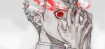  1boy bangs close-up covering_face danganronpa:_trigger_happy_havoc danganronpa_(series) face from_side grey_hair hands_up head ishida_(danganronpa) looking_at_viewer male_focus pale_skin red_eyes sara_(kurome1127) short_hair simple_background solo spot_color upper_body very_short_hair 