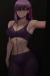  1girl absurdres black_background breasts cleavage fate/stay_night fate_(series) gym_uniform highres long_hair matou_sakura medium_breasts pants purple_eyes purple_hair purple_pants purple_tank_top simple_background tank_top yoga_pants zaki_(zaki_btw) 