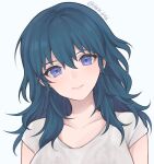  1girl artist_name blue_eyes blue_hair byleth_(fire_emblem) byleth_(fire_emblem)_(female) commentary fire_emblem fire_emblem:_three_houses highres light_smile long_hair looking_at_viewer portrait see-through_shirt shimizu_akina shirt simple_background smile solo twitter_username white_background white_shirt 