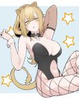  1girl alternate_costume animal_ears arknights arm_up between_breasts black_legwear black_leotard blonde_hair blue_background blush breasts cleavage commentary detached_collar eyebrows_visible_through_hair fishnet_legwear fishnets hair_between_eyes hjl_(15623862639) large_breasts leotard lion_ears lion_tail long_hair looking_at_viewer midriff navel open_mouth pantyhose ponytail siege_(arknights) simple_background sitting solo star_(symbol) tail thighs white_neckwear wrist_cuffs yellow_eyes 
