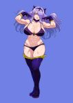  1girl abs absurdres blue_background breasts camilla_(fire_emblem) choker cirenk cleavage fire_emblem fire_emblem_fates gloves hair_over_one_eye highres horns huge_breasts long_hair looking_at_viewer muscular muscular_female panties purple_eyes purple_hair purple_panties solo thighhighs underwear 