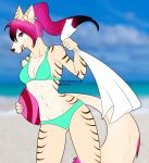  2021 anthro ball beach beach_ball beach_towel bikini blue_eyes blurred_background breasts canid canine canis clothed clothing curvy_figure digital_drawing_(artwork) digital_media_(artwork) emily_(king_pangolin) felid feline felis female fur hair hybrid looking_at_viewer mammal multicolored_body multicolored_ears multicolored_fur multicolored_hair multicolored_tail navel pantherine portrait sand seaside shadowinklineworks signature small_waist smile solo stripes swimwear three-quarter_portrait tiger towel tufted_ears two_tone_body two_tone_fur two_tone_hair vikaolear wolf 