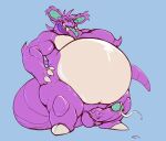  anthro balls beard belly big_belly blue_background bodily_fluids chisuun cum erection facial_hair genital_fluids genitals hi_res looking_at_viewer male nidochi nidoking nintendo nude overweight overweight_anthro overweight_male penis pok&eacute;mon pok&eacute;mon_(species) purple_body simple_background solo standing tongue tongue_out video_games 