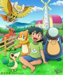  absurdres ash_ketchum black_hair blue_shorts brown_eyes buizel crossed_legs gen_1_pokemon gen_2_pokemon gen_4_pokemon gen_5_pokemon gen_6_pokemon green_shirt hands_on_ground highres lukas_thadeu no_hat no_headwear noctowl open_mouth palpitoad pikachu pokemon pokemon_(anime) pokemon_(creature) print_shirt shirt shorts signature sitting snivy sparkling_eyes spiked_hair tagme talonflame twitter_username 