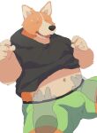  2021 anthro arufina_w belly belly_rub blush bulge canid canine canis clothing domestic_dog eyes_closed hi_res hoodie humanoid_hands kemono male mammal navel overweight overweight_male solo_focus topwear underwear 