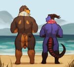  anthro balls beach black_hair blue_body brown_body brown_fur butt canid canine canis domestic_dog dragon duo fur genitals hair horn kristakeshi male mammal mastiff molosser muscular muscular_anthro muscular_male nude penis rear_view rennin reyes rottweiler scalie sea seaside standing towel towel_around_neck water 