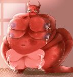  2_toes 4_breasts anthro belly big_belly big_breasts blue_nipples bodily_fluids bovid bovine breasts cattle feet hand_on_side happy hi_res hybrid hyper hyper_belly kobold kowbold lactating leaking male mammal morbidly_obese morbidly_obese_anthro morbidly_obese_male multi_breast navel nervous_smile nipples obese obese_anthro obese_male overweight overweight_anthro overweight_male red_body red_scales scales solo spots sweat teats thick_thighs toes udders zed_(scales) 