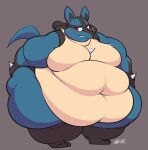  2020 ambiguous_gender anthro big_breasts black_markings blue_body blue_fur blush breasts chest_spike chubby_cheeks embarrassed fur grey_background hi_res huge_breasts lucario markings morbidly_obese morbidly_obese_ambiguous morbidly_obese_anthro nintendo obese obese_ambiguous obese_anthro overweight overweight_ambiguous overweight_anthro pok&eacute;mon pok&eacute;mon_(species) red_eyes simple_background solo spikes spikes_(anatomy) standing unixcat video_games white_body white_fur 