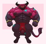  2021 abs anthro balls beard big_muscles border bottomwear bovid bovine bracelet cattle clothing ear_piercing ear_ring facial_hair facial_piercing flaccid front_view genitals hi_res hooves horn huge_muscles humanoid_genitalia humanoid_penis jewelry lizard_soup loincloth male mammal markings muscular muscular_anthro muscular_male navel nipples nose_piercing nose_ring pecs penis piercing pink_background quads simple_background smile solo spikes spikes_(anatomy) standing tattoo thick_thighs white_border 
