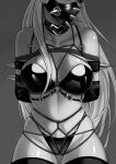  1girl armband arms_behind_back bdsm black_sclera bondage bound breasts collarbone colored_sclera earrings greyscale head_out_of_frame highres horned_mask jewelry kaijin_hime_do-s large_breasts long_hair mask masked monochrome mouth_mask o-ring o-ring_bottom o-ring_panties o-ring_top one-punch_man pagong panties shade shibari shibari_over_clothes shiny shiny_skin solo tied_up underwear very_long_hair 