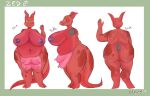  2_toes 4_fingers anthro belly big_breasts blue_nipples bovid bovine breasts cattle feet fingers genitals happy hi_res hybrid kobold kowbold male mammal model_sheet multi_breast nipples overweight overweight_anthro overweight_male penis red_body red_scales scales small_penis smile solo spots teats thick_thighs toes udders yellow_eyes zed_(scales) 
