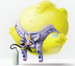  2016 belly big_belly blue_body blue_fur digimon digimon_(species) fur gabumon horn hose inflation male overweight overweight_male red_eyes simple_background solo unknown_artist white_background yellow_body 