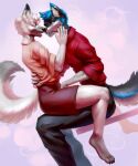  absurd_res annham anthro black_nose blue_body blue_eyes blue_fur canid canine canis caressing_balls clothing fur group hi_res kissing male male/male mammal shirt side_view sitting topwear white_body white_fur wolf 