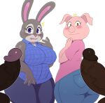  2018 absurd_res anthro balls big_breasts big_butt blush bodily_fluids bonnie_hopps breasts butt chubby_female clothed clothing crossover dark_body dark_skin digital_media_(artwork) disney domestic_pig duo_focus edit female genitals group hi_res human human_on_anthro illumination_entertainment imminent_sex interspecies lagomorph leporid male male/female mammal mature_female open_mouth penis purple_eyes rabbit rosita_(sing) short_stack simple_background sing_(movie) sssonic2 suid suina sus_(pig) sweat teeth thick_thighs vein veiny_penis white_background wide_hips zootopia 