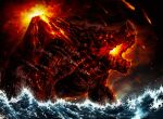  cloud cloudy_sky dark_sky dungeon_and_fighter eruption extra_ears glowing glowing_eyes molten_rock monster no_humans ocean pagong sky volcano 