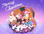  2boys arcanine baseball_cap blue_oak blush brown_eyes brown_footwear brown_hair brown_pants charizard christmas_cake commentary_request fire flame gen_1_pokemon hat holding_hand jacket jewelry kashiwa_(kasshiwa10) long_sleeves male_focus merry_christmas multiple_boys necklace one_eye_closed orange_hair pants pokemon pokemon_(game) pokemon_frlg pokemon_hgss red_(pokemon) red_headwear scarf shoes short_sleeves signature sitting spiked_hair spread_legs tree yellow_scarf 