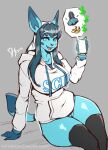  2021 anthro breasts clothing eeveelution female genitals glaceon hi_res legwear nintendo phone pok&eacute;mon pok&eacute;mon_(species) pussy solo the_dogsmith video_games 