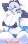  anthro big_breasts bikini blue_body bodily_fluids breasts butt_from_the_front cleavage clothed clothing dragon faeki female genital_fluids grey_hair hair hi_res nipple_outline pussy_juice swimwear tongue tongue_out 