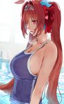  1girl animal_ears blue_swimsuit bow breasts daiwa_scarlet_(umamusume) eyebrows_visible_through_hair eyes_visible_through_hair fang hair_bow hews highres horse_ears horse_girl large_breasts long_hair looking_down one-piece_swimsuit open_mouth partially_submerged pink_eyes pool red_bow red_hair skin_fang solo swimsuit tiara twintails umamusume water wet wet_hair 