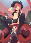  1girl ;p artist_name black_footwear black_gloves black_legwear boots breasts commentary_request english_commentary eyebrows_visible_through_hair gloves highres jakuzure_nonon kill_la_kill looking_at_viewer medium_breasts navel one_eye_closed pussy red_eyes red_hair sitting solo squeezable_(artist) thigh_boots thighhighs tongue tongue_out 