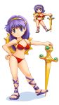  1girl asamiya_athena bikini blush breasts cleavage eyebrows_visible_through_hair highres large_breasts long_hair medium_breasts multiple_views navel pixel_art pixelflag princess_athena psycho_soldier purple_eyes purple_hair red_bikini sandals simple_background swimsuit sword the_king_of_fighters weapon 