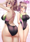  1girl arms_behind_back ass black_swimsuit blue_eyes blush breasts brown_hair character_name commentary_request competition_swimsuit covered_nipples highres impossible_clothes impossible_swimsuit large_breasts long_hair multiple_views nijisanji noah12 nose_blush one-piece_swimsuit sidelocks suzuhara_lulu swimsuit virtual_youtuber 